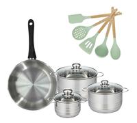 Lot Poêle 28 cm Généva et 3 Faitouts en acier inoxydable 16/20/24 cm et 5 ustensiles Fackelmann