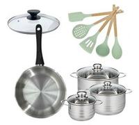 Lot Poêle 28cm avec couvercle Fackelmann Généva et 3 Faitouts 16/20/24cm avec 5 ustensiles Océan
