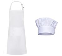 Lot Tablier de Cuisine Blanc et Toque de Cuisinier Réglable, Tablier Chef avec 2 Poches pour Homme Femme, Kit Professionnel Étanche pour Restaurant Pâtisserie Barbecue Jardinage, Taille Universelle