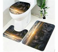 Lot Tapis Salle de Bain 3 Pièces Forêt de Pierres du Parc Sunset Microfibre Antidérapant Lavable en Machine Paysage Naturel Tapis WC Contour, Housse Couvercle Toilette Doux
