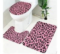 Lot Tapis Salle de Bain 3 Pièces Fourrure Animale à imprimé léopard Microfibre Antidérapant Lavable en Machine Rouge Clair Tapis WC Contour, Housse Couvercle Toilette Doux