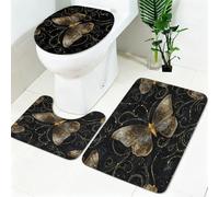 Lot Tapis Salle de Bain 3 Pièces Texture dorée du Papillon Microfibre Antidérapant Lavable en Machine ThèMe Fantastique Tapis WC Contour, Housse Couvercle Toilette Doux