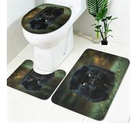 Lot Tapis Salle de Bain et WC 3 Pièces Animal Panthère Noire Microfibre Antidérapant Super Absorbant, Tapis Contour WC, Housse WC Herbe Verte Lavable en Machine