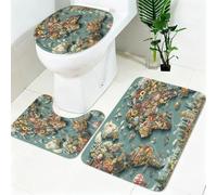 Lot Tapis Salle de Bain et WC 3 Pièces Carte du Monde des Fleurs Microfibre Antidérapant Super Absorbant, Tapis Contour WC, Housse WC Bleu-Vert Lavable en Machine
