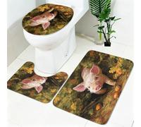 Lot Tapis Salle de Bain et WC 3 Pièces Cochon de Compagnie Fleuri Microfibre Antidérapant Super Absorbant, Tapis Contour WC, Housse WC Livre de coloriage Lavable en Machine