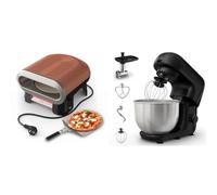 Lot Tefal Pizza Pronto four à pizza extérieur 2600W pierre rotative 400°C cuisson rapide + Moulinex Bake Essential robot pâtissier 4.8L 800W accessoires complets fouet batteur pétrin hachoir noir