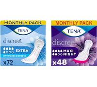 Lot TENA Discreet Extra - Serviettes Incontinence - 72 Serviettes (Pack 1 Mois) + TENA Discreet Maxi Night - Serviettes Incontinence - 48 Serviettes (Pack 1 Mois)