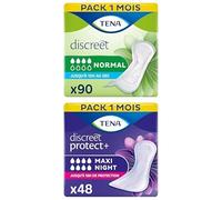Lot TENA Discreet Normal - Serviettes Incontinence Femme - 90 Serviettes (Pack 1 Mois) + TENA Discreet Maxi Night - Serviettes Incontinence Femme - 48 Serviettes (Pack 1 Mois)