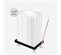 Lot timon + socle rouleur + 10 bacs à pâtons 15 L + couvercle Gilac