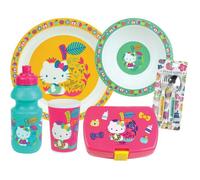Lot vaisselle - FUN HOUSE - HELLO KITTY - Verre, Assiette creuse Ø16 cm, Asiette Ø22 cm, Couverts, Gourde, Boîte à goûter