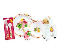 Lot vaisselle - FUN HOUSE - LES AMIS FRUITS - Verre, Assiette creuse Ø16 cm, Assiette plate Ø22 cm, Couverts, Peluche 27 cm