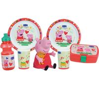Lot vaisselle - FUN HOUSE - PEPPA PIG - 2 assiettes creuses Ø 22 cm, 2 verres 220 ml, gourde 350 ml, boîte à goûter et peluche 17 cm