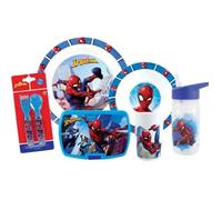 Lot Vaisselle - Fun House - Spiderman - Verre, Assiette Ø22 Cm Et Ø16 Cm, Couverts, Gourde Et Boite Goûter Bleu