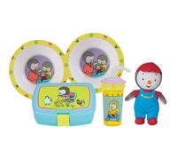 Fun House - Lot vaisselle T'choupi - 2 assiettes Ø16cm, boîte à goûter, gourde paille, peluche 18cm