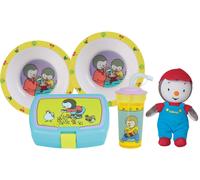 Lot vaisselle - FUN HOUSE - T'CHOUPI - 2 assiettes creuses Ø 16 cm, boîte à goûter, gourde paille et peluche 18 cm