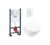 Lot WC modèle suspendu VILLEROY ET BOCH Universo TwistFlush blanc + bâti et plaque blanche GROHE