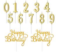 Lotbun 12 pièces bougies d'anniversaire, bougie chiffre, bougies numérotées de 0 à 9 et 2 pièces de décoration de gâteau avec lettres joyeux anniversaire, bougies anniversaire adulte (or)