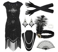 Lotiaan Robe Année 20 pour Femme, Robe Charleston Paillettes et Franges, avec Accessoires des Années 1920, 1920s Vintage Robes de Soirée, pour Cocktail, Carnaval (XL)