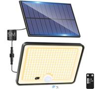 LOTMOS Lampe Solaire Exterieur Detecteur de Mouvement avec Télécommande, 342 LED Lumiere Solaire IP65 Étanche Spot Solaire, 3 Modes Eclairaget Solaire pour Jardin Garage Cour, Blanc Chaud
