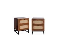 Lots de 2 tables de chevet en décor bois et cannage avec pieds et poignées en métal noir