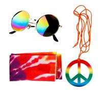 Lotsdonxia Costume hippie 3 pièces - Accessoires de festival des années 60 et 70 avec bandeau tournesol, collier de paix, lunettes de soleil rondes pour fête rétro et déguisement