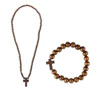 Lotsdonxia Ensemble croix et chapelet en bois naturel respectueux de l'environnement, mini collier et bracelet avec pochette pour prière, méditation pour homme, femme, maison, taille unique, Bois, Pas