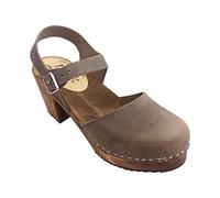 Lotta From Stockholm Sandales Sabots suédoises à Talon Haut | Mary Jane Chaussures pour Femmes Fabriquées en Suède | Base en Bois Marron et Cuir Nubuck huilé | Taupe Taille 38