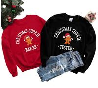 LOTUCY Sweat-shirt assorti pour couples de Noël brodés en pain d'épice et de testeur, pulls hauts de Noël pour couple, Rouge (femme), Medium