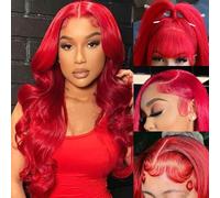 Lotulo Perruque de cheveux humains rouges 33 x 4 avec dentelle frontale - Densité de 200 % - Cheveux humains ondulés - Cheveux humains HD transparents - 81,3 cm
