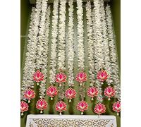 Lotus à suspendre avec fleurs artificielles blanches | Tentures murales florales pour décoration de la maison, temple, Diwali, Ganpati et toutes les décorations de festival | Lotus avec Jhumki | 101,6