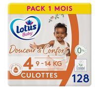 Lotus Baby Douceur & Confort - Couches-culottes Bébé Taille 4 (9-14 kg) | Pack 1 Mois - 128 Culottes - Doux & Respirant - 0% Lotion, Parfum, Allergène - Elastique doux et extensible - FSC