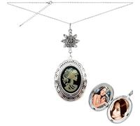 Lotus Charm Necklace Antique Decor Cameo Pendant 2 Chains Velvet Pouch for Gift (Mini Skull Locket)