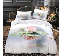 Lotus Fleur Linge de Lit 3D Effet Microfibre Hypoallergique 3 Pièces Éclair Douce Nature Serene Ensemble De Literie Ultra Douce Entretien Facile for Enfants Garçons Filles Double（200x200cm）