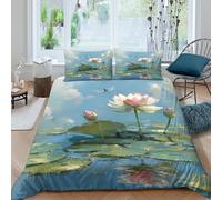 Lotus fleur Linge de Lit Hypoallergique Microfibre 3 pièces Imprimé en 3D Impressionist nature scène Housse de Couette avec Taie d'oreiller Ultra Douce for Chambre Enfants Super king（260x220cm）