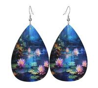 Lotus Flowers in the river under the night light Boucles d'oreilles en cuir en forme de larme pour femme - Boucles d'oreilles pendantes légères en PVC avec crochets en argent 925, imprimés double face
