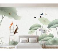 Lotus Frais Feuilles De Lotus Petits Poissons Papillons Papier Peint 3D Installation Facile Intissé Tapisserie Bureau Salon Canapé Chambre Décoration Murale-400cm×280cm