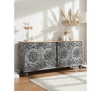 Lotus - grand buffet noir cérusé en manguier massif sculpté 180 cm