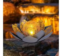 Lotus Solaire Décoratif En Métal Avec Boule En Verre, Lumière Blanche Chaude, Aspect Verre Brisé (D X H), 28 X 12 Cm, Grand Format, Gris