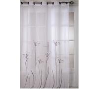 LOTUS Voilage Etamine base brodée de fleurs - Blanc et Gris - H 140 x L 260 cm
