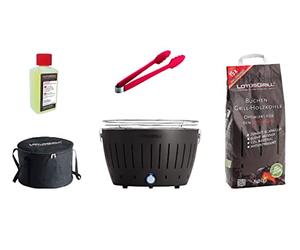 LotusGrill Barbecue Kit de démarrage 1x Lotus Barbecue charbon de bois de hêtre gris anthracite 1x 1kg, 1x Pâte combustible 200ml, 1x à saucisses Rouge, 1x sac de transport-Le charbon de bois sans fumée barbecue/Barbecue de table dans différentes couleurs chatoyantes. Toujours la dernière technologie garantie.