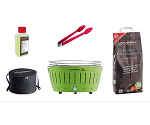 LotusGrill Barbecue XL Kit de démarrage 1 x Lotus Barbecue charbon de bois de hêtre XL Vert citron 1 x 1 kg, 1 x Pâte combustible 200 ml, 1 x à saucisses Orange, 1 x XL Sacoche