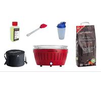 LotusGrill Kit de démarrage XL : 1 barbecue XL rouge feu avec port USB, 1 charbon de bois de hêtre de 2,5 kg, 1 pâte combustible de 200 ml, 1 pinceau à marinade, 1 shaker à vinaigrette, 1 sac de
