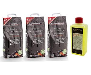 LotusGrill Lot de 3 sacs de charbon de bois de hêtre de 2,5 kg avec pâte combustible de 500 ml, les deux conçus pour des grillades sans fumée avec le LotusGrill