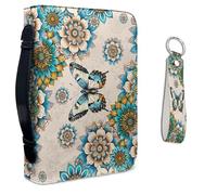 Lotusorchid Étui de bible papillon en cuir synthétique pour femme, sac de transport avec porte-clés en cuir, housse de livre biblique avec poignée à fermeture éclair, bleu et beige, taille L