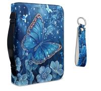 Lotusorchid Étui de transport en cuir pour femme - Motif papillon - Avec porte-clés en cuir - Sac d'église pour étude de la Bible - Bleu - Taille M