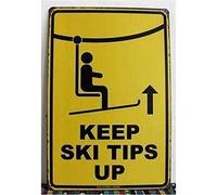 Lotusworld Panneau d'avertissement en métal avec inscription « Keep Ski Tips Up » - Décoration murale vintage rustique - 20,3 x 30,5 cm