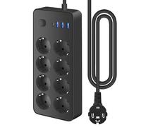 Lotvic Multiprise Electrique avec 1,8M Cordon, Multiprise 8 Prises avec Interrupteur, Multiprises Parafoudre avec 1 Port USB C,3 Port USB A (5V 2A), pour Maison Burea Noir