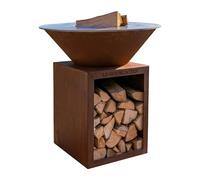 Lou Bouscarian Rond ⌀ 74cm - Brasero Plancha en Acier Corten - Barbecue Exterieur avec Rangement Bûches - Design Jardin Terrasse, Grille de Cuisson et Stop Food Inclus - kit allumage Offert