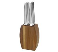 Lou Laguiole - Bloc en bois d'acacia avec 6 couteaux steak - Jet - Acier inoxydable 13 C, Finition Sablé - 9 x 5 x 12 cm - Bois