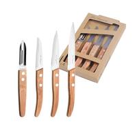 Lou Laguiole - Set de 4 couteaux de petite coutellerie - Eplucheur, Bec d'oiseau, Couteaux d'office - Acier inoxydable 13 C, Finition Satinée- Bois clair